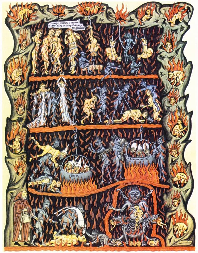 A medieval representation of Hell showing demons torturing human beings in many grotesque ways.